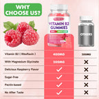 MEENCCD Vitamin B2 Gummies Riboflavin 400mg Supplement with Magnesium for Kids & Adults, B2 Gummies for Migraine Relief & Nervous System Support, Vegan, Sugar-Free, Raspberry Flavor, 60 Count