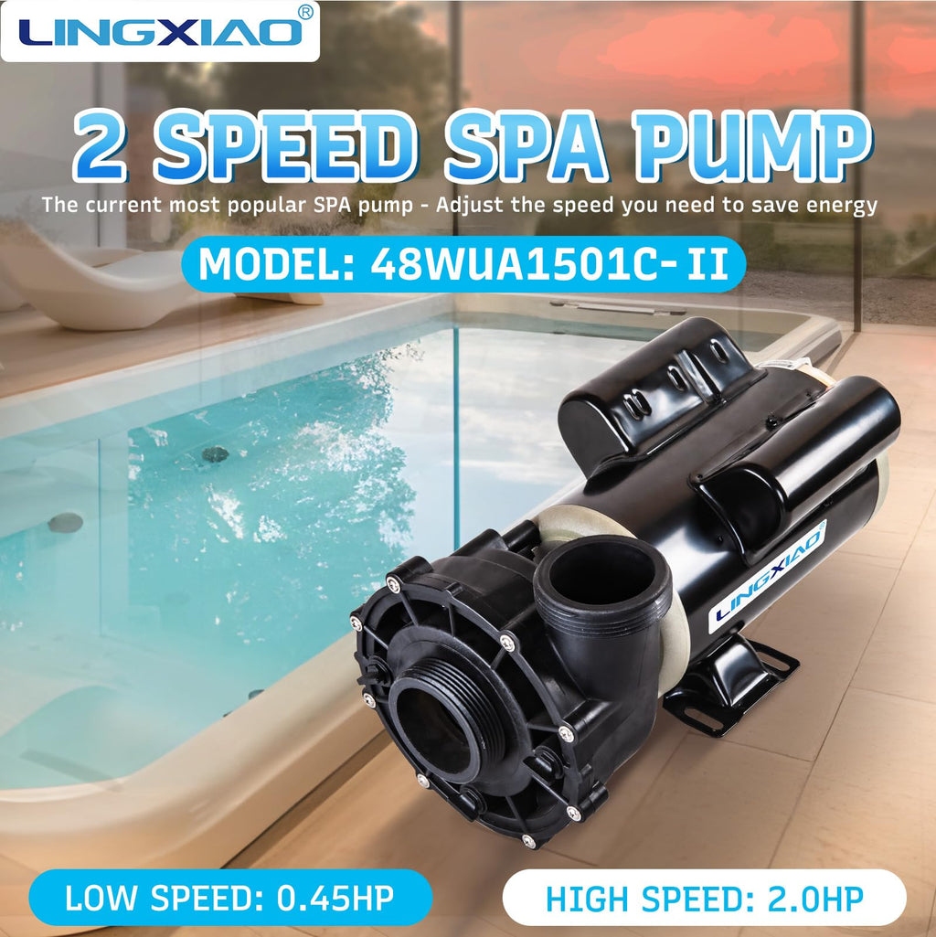 LINGXIAO SPA Pump, 2HP Hot Tub Pump - 2 Speed LX SPA Motor 115V/60HZ, 2" Port - 48 Frame (Model: 48WUA1501C-II)