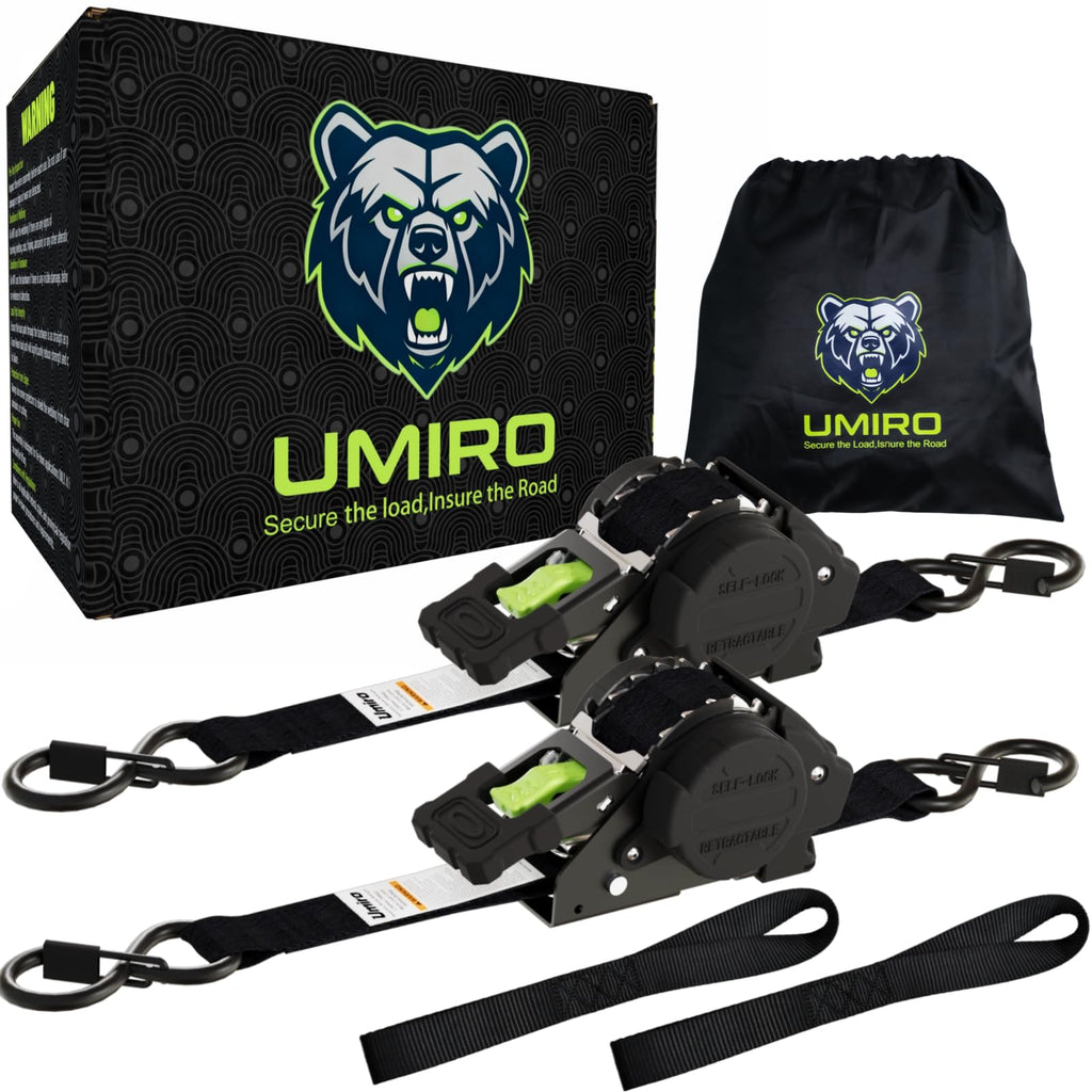 Retractable Ratchet Straps 1''x 12ft Heavy Duty Tie Downs Bolt on Auto Retract Ratchet Strap 1760lb Break Strength Self Retracting for Truck,Cargo,Trailer,Motorcycle,ATV,UTV (Black-Green,2 Pack)
