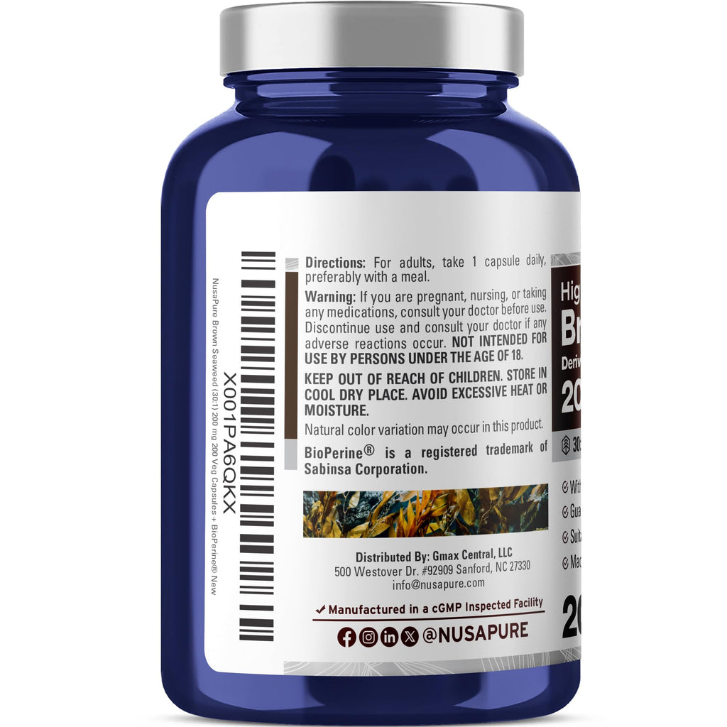 NusaPure Brown Seaweed Capsules, 200 mg, 200 Veg Capsules (Non-GMO, Vegan)
