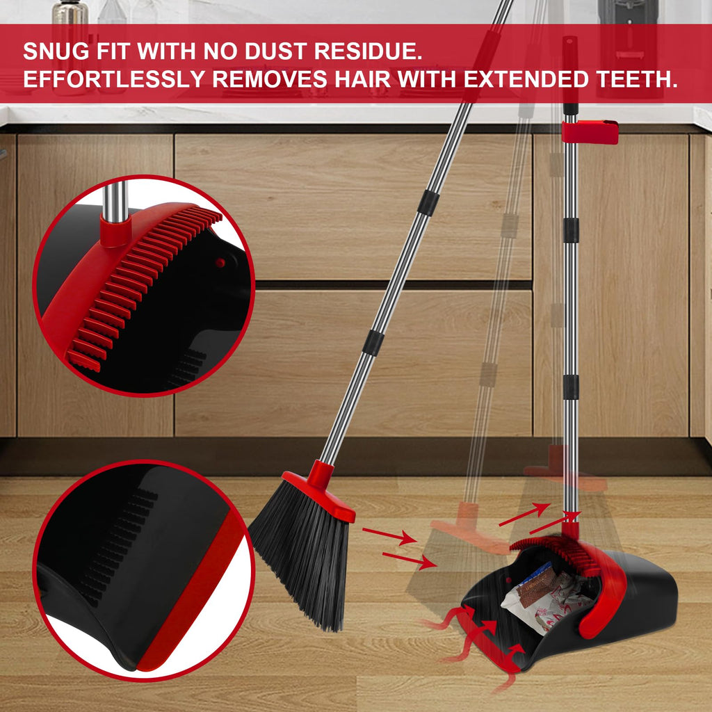 UDUK Broom and Dustpan Set, Large Household Broom with Dustpan Combo Set, 55 Inch Long Handle, Red Dust Pan Combo Set for Home