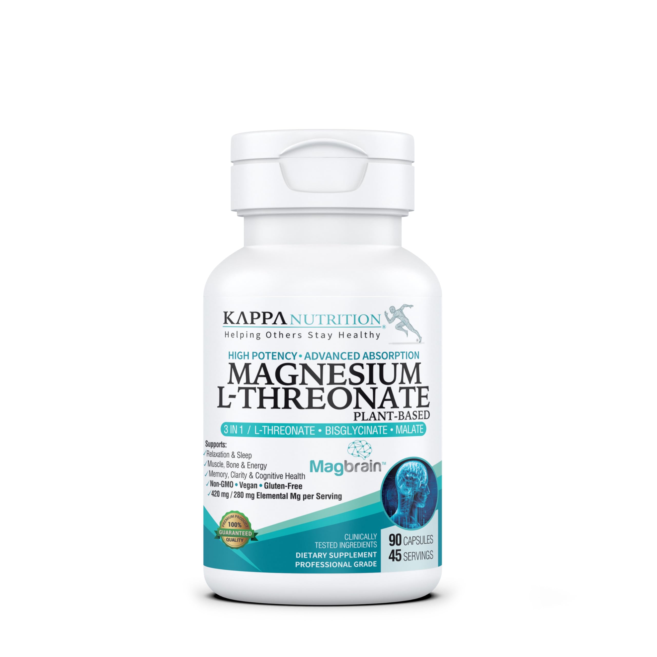 Kappa Nutrition Powered by Magbrain™ Magnesium L-Threonate Plant-Based, 90 Vegan Capsules, 420mg Elemental Magnesium (3 Capsules) from 2,253mg, Brain, Sleep & Muscle Support.