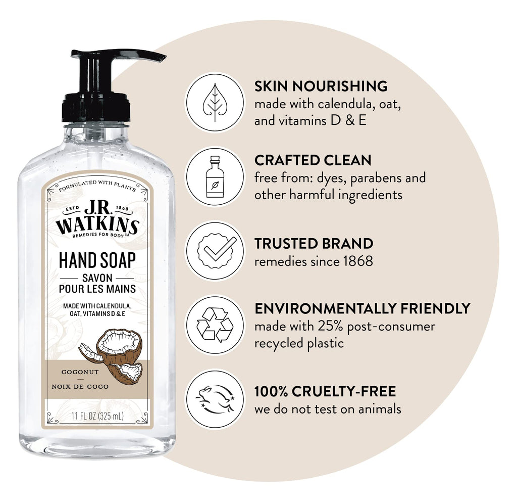 J.R. Watkins Gel Hand Soap, 3 Pack of 11 Fl Oz, Coconut