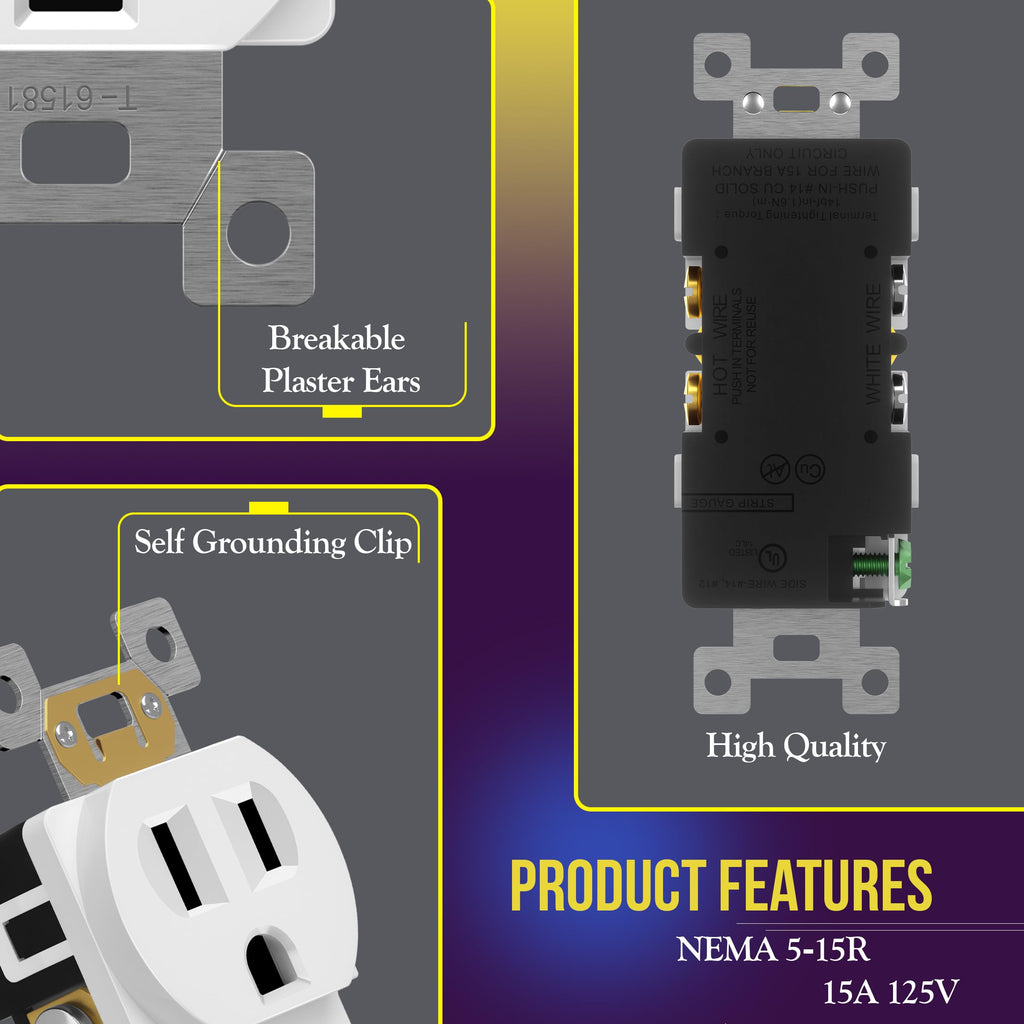ENERLITES Duplex Receptacle Outlet, Residential Grade Electrical Wall Outlet, 15A 125V, Self-Grounding, 2-Pole, 3-Wire, UL Listed, 61581-W-10PCS, White (10 Pack)
