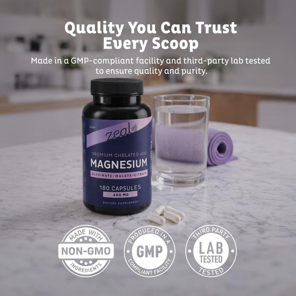 Zeal Naturals Triple Magnesium Complex Supplement - Glycinate, Malate, Citrate | 400mg, 180 Capsules | High Absorption Chelated Magnesium for Sleep, Mood, Muscle Recovery, Relaxation