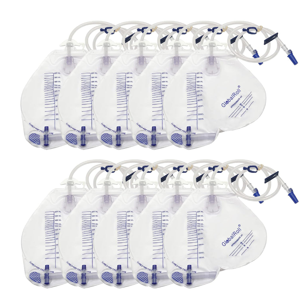 GlobalRoll Urinary Drainage Bag with Anti-Reflux Chamber, Urine Bag with 2000 mL Volume, 48" Drainage Tube, Clips and Hanging Hook, Professional Urinary Bag for Home and Hospitals Health Aids,10 Pack