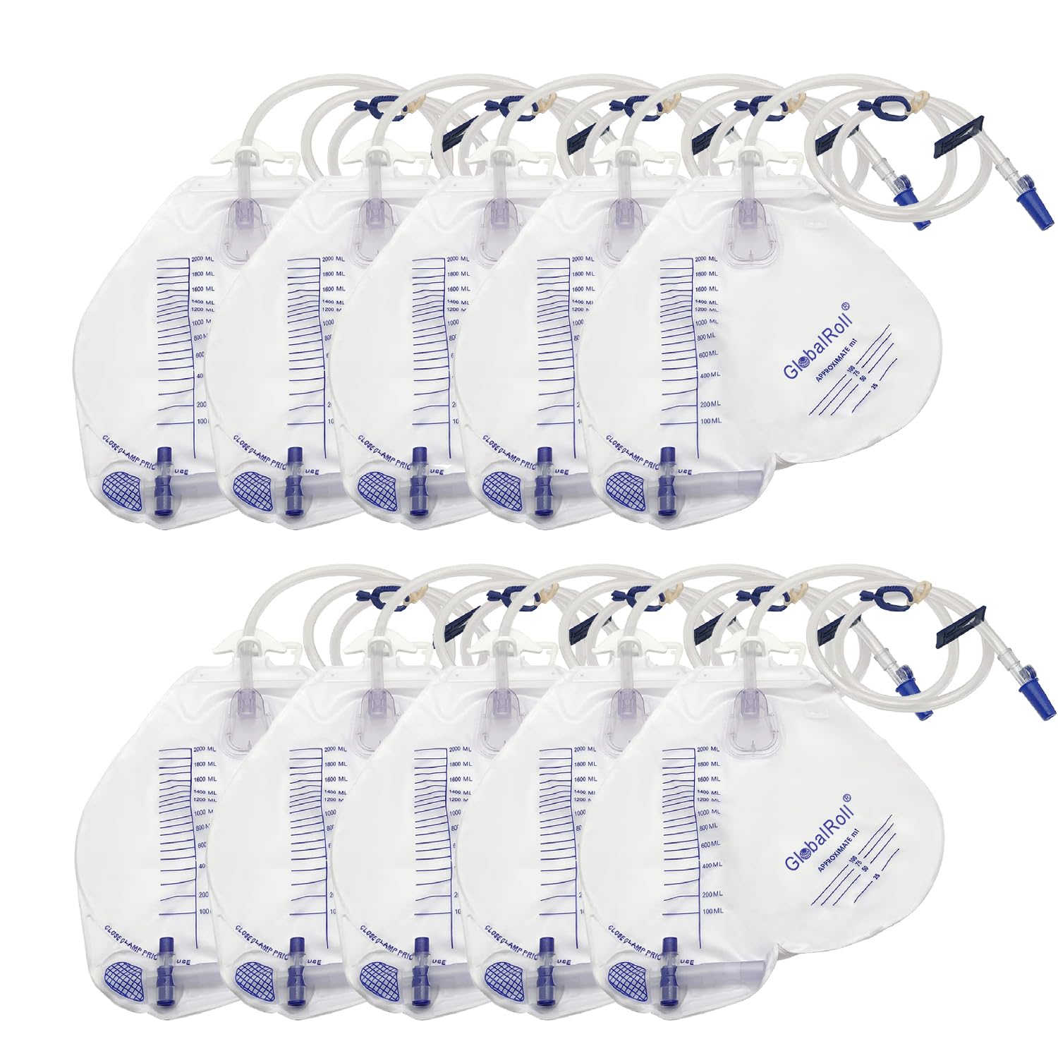 GlobalRoll Urinary Drainage Bag with Anti-Reflux Chamber, Urine Bag with 2000 mL Volume, 48" Drainage Tube, Clips and Hanging Hook, Professional Urinary Bag for Home and Hospitals Health Aids,10 Pack