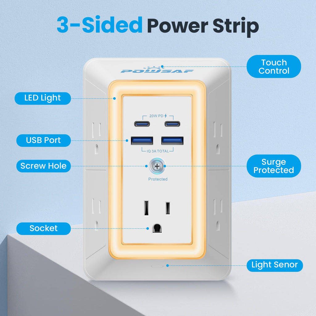Multi Plug Outlet Surge Protector - POWSAF 5 Outlet Extender with 4 USB Ports(2 USB-C Fast Ports) and Night Light, 3-Sided Power Strip with Adapter Spaced Outlets - ETL, White