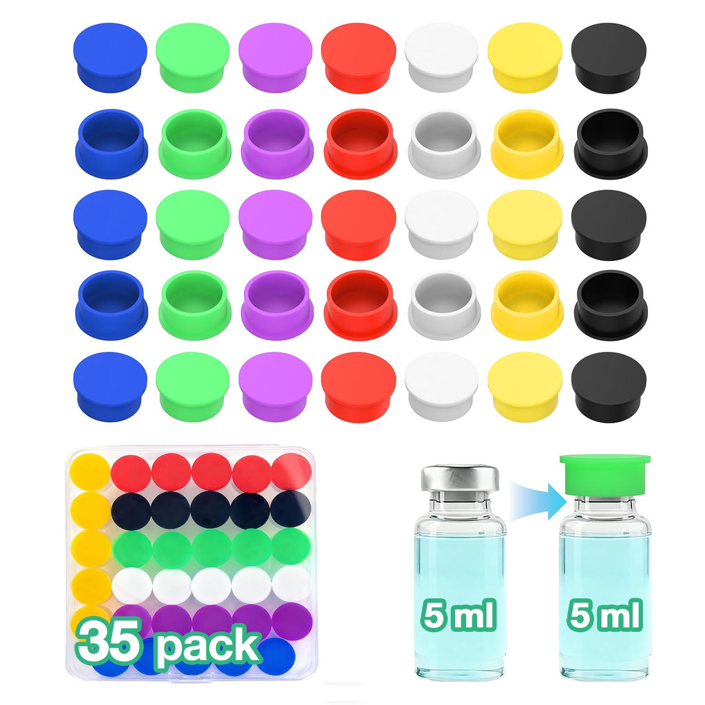 10ml & 30ml Vial Caps, Silicone Peptide Vial Covers, 35 Pack, 7 Colors