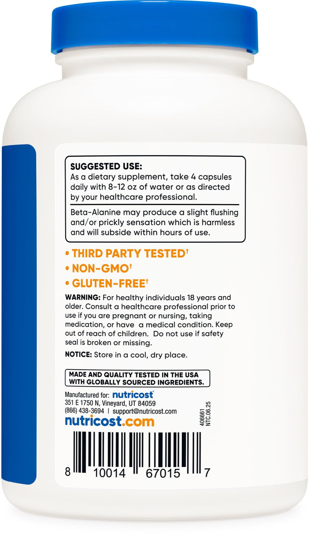 Nutricost Beta-Alanine Capsules 3400mg, 240 Capsules (60 Serv) - Potent Beta Alanine, Gluten Free & Non-GMO, 850mg Per Cap