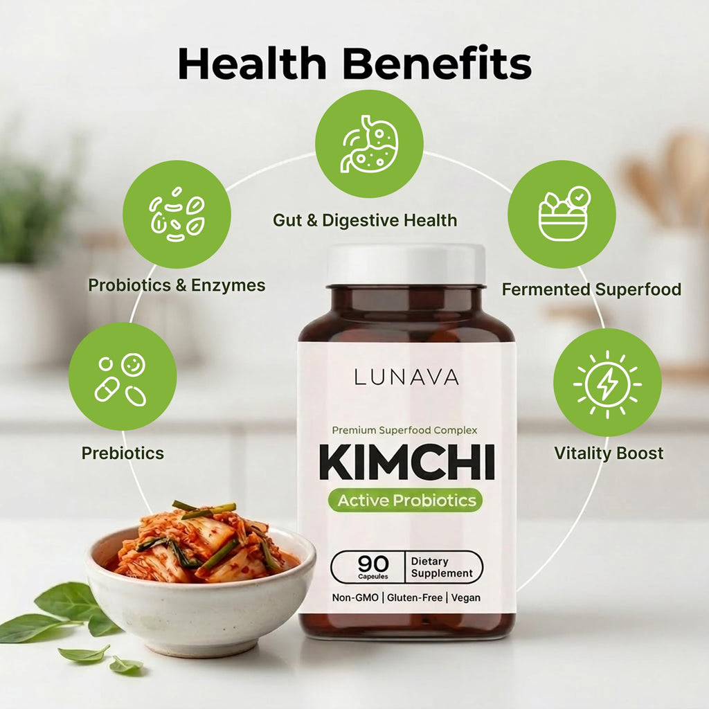LUNAVA Kimchi Capsules with Prebiotics & Probiotics, Fermented Kimchi Superfood Supplement, Gut Health Supplements, One Complete Formula for Digestive and Immune Support, 90 Vegan Capsules