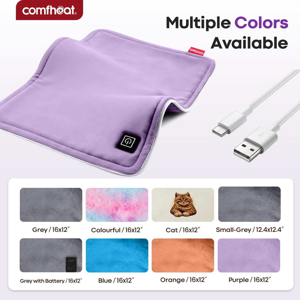 Comfheat USB Plug-in Heating Pad for Travel Warmth Outdoors, Non-Rechargeable Small Heated Pad 5V Heat Therapy for Pain Relief Abdomen Cramps, 3 Heat Settings & Auto Shut Off (12"x 16") Purple