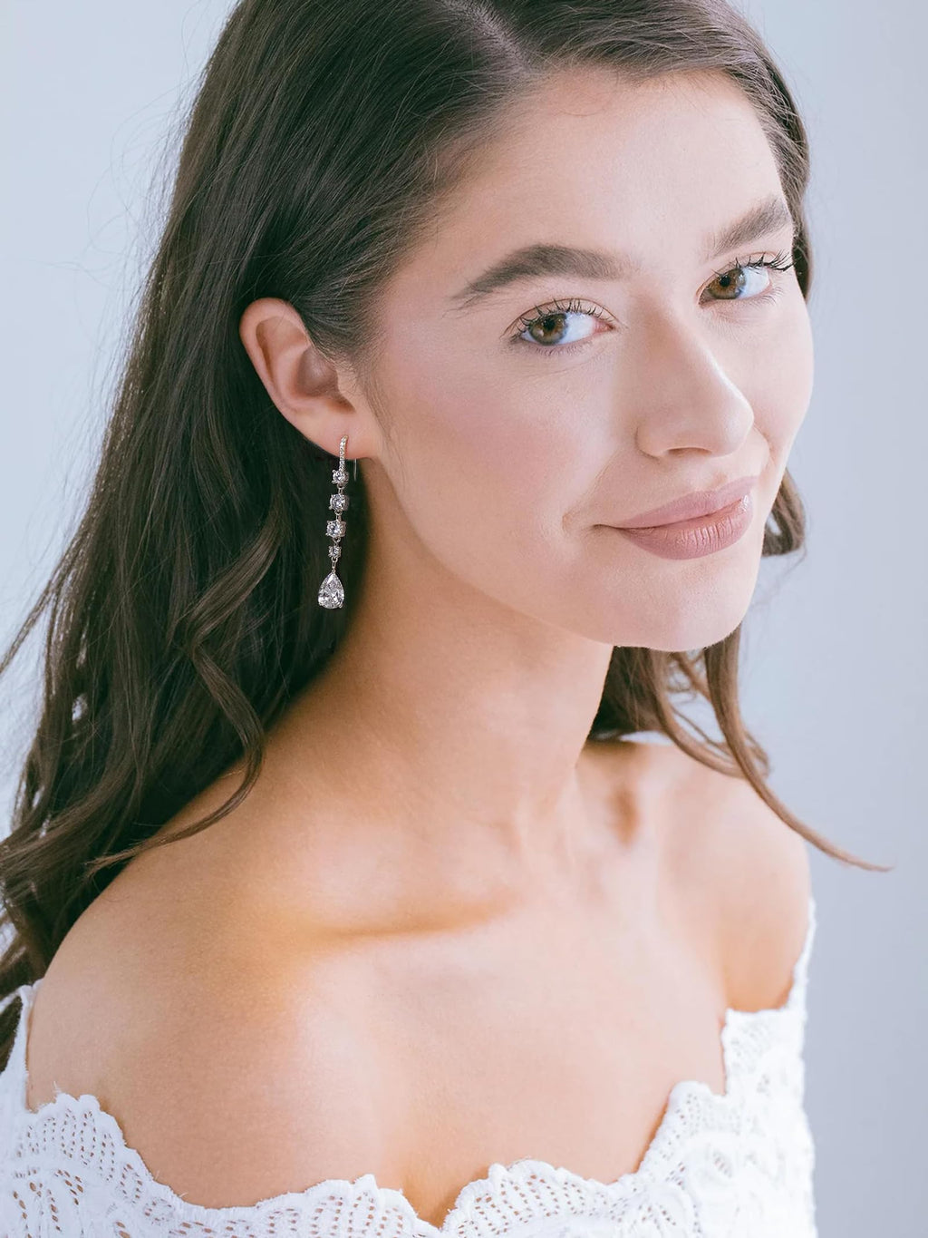 Silver Teardrop CZ Dangle Earrings Long Hook Bride Bridesmaid Wedding