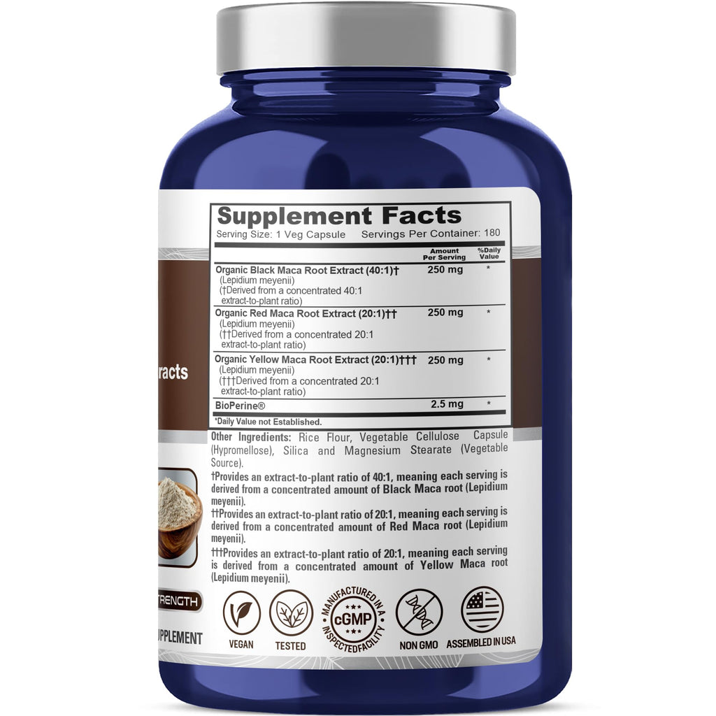 NusaPure Maca Root Black, Red, Yellow Capsules, 750 mg, 180 Veg Capsules (Non-GMO, Vegan)