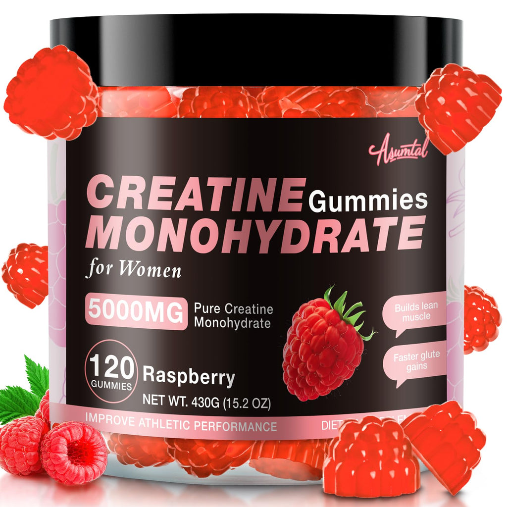 Asumtal Creatine for Women 5000 MG, Creatine Gummies, Creatine Monohydrate Supplement for Muscle Growth, Strength & Energy Support, Sugar Free Pre Workout Gummies 120 Count Raspberry Flavor
