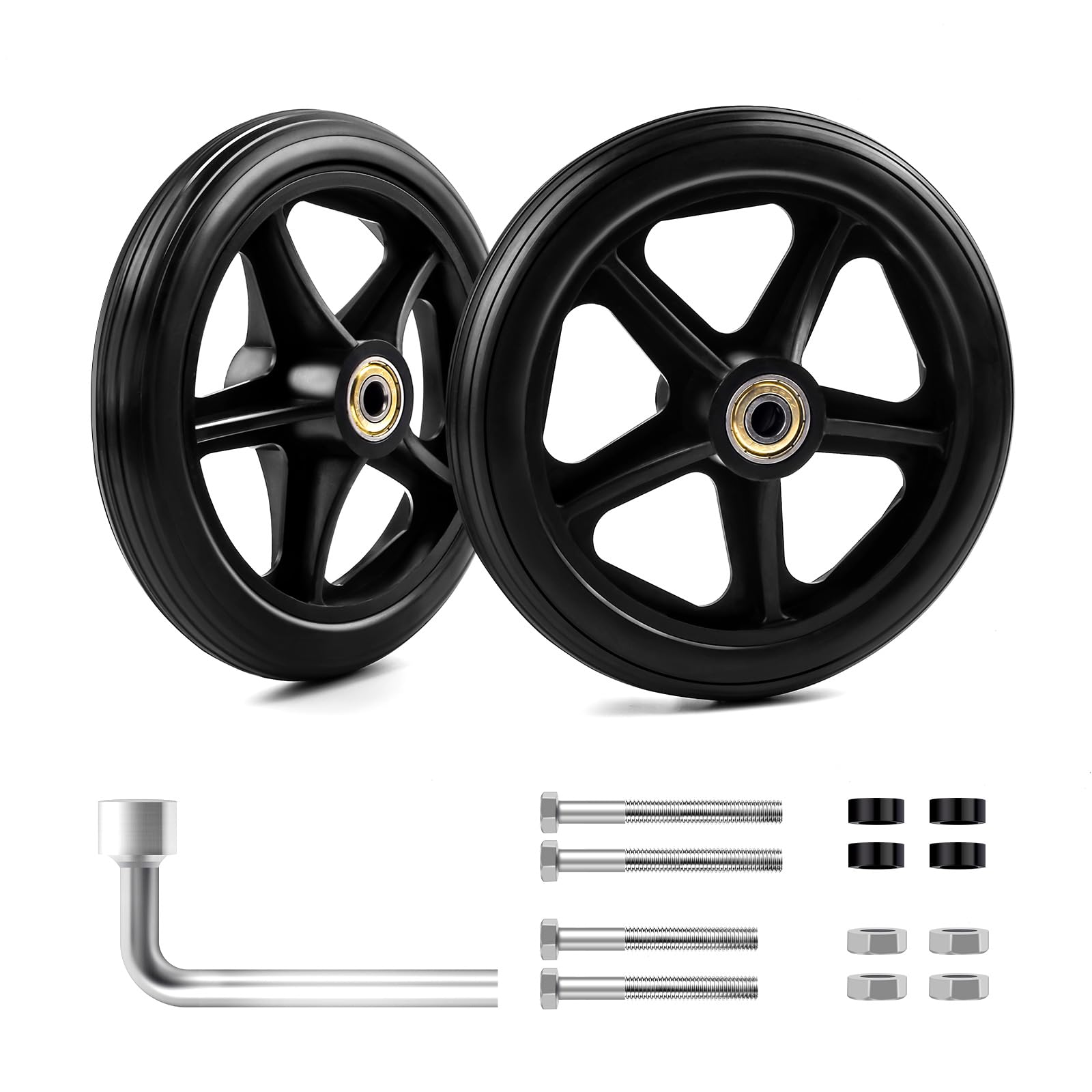 Royitay 2 Pack 6 Inch Rubber Wheelchair Wheels Replacement for Walkers, Rollators, Wheelchairs,Durable Anti-Slip ABS Wheel Hub- Universal Aid Wheels for Adults, Seniors, Black