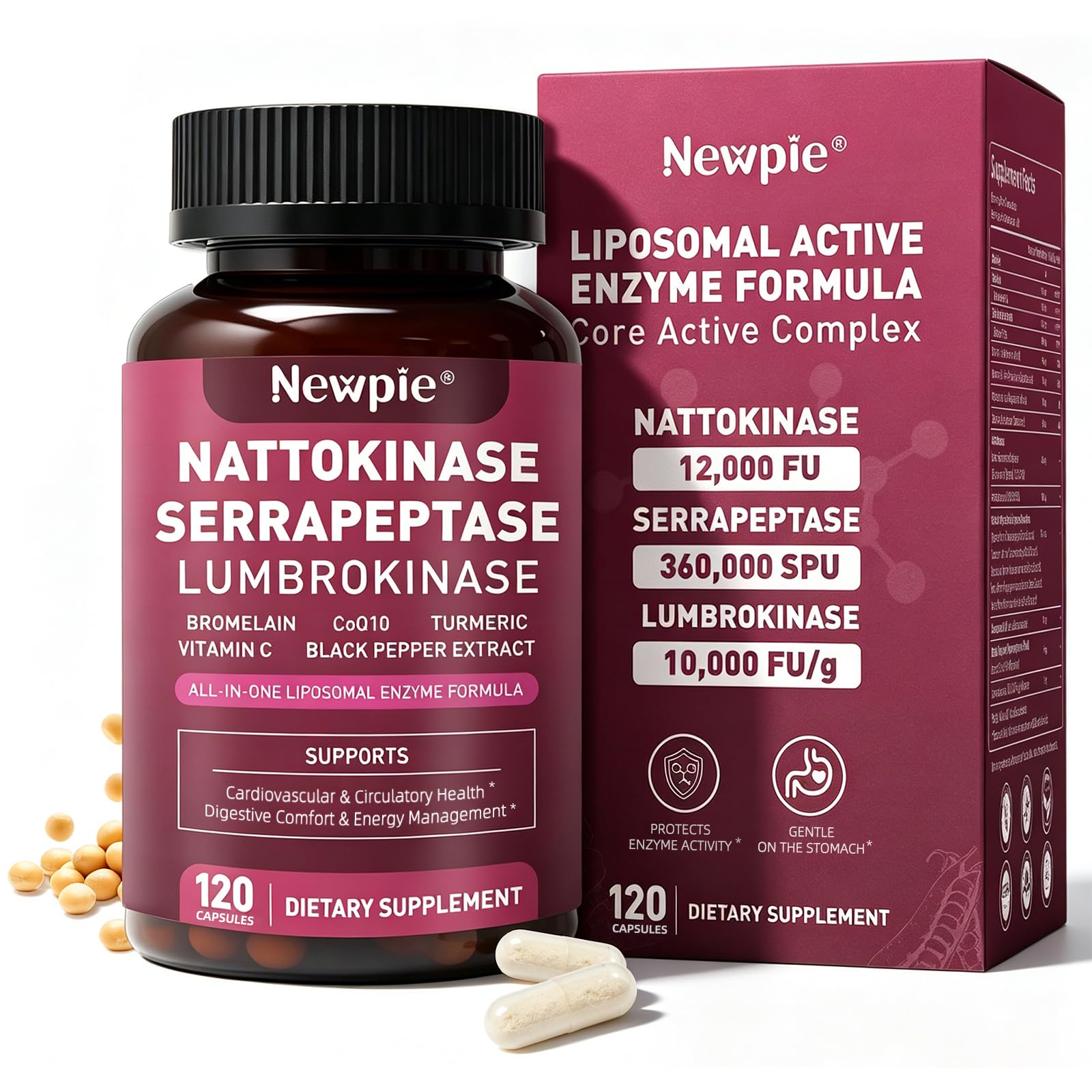 Blltzzz Nattokinase Supplement 12,000 FU - Systemic Enzymes Complex with Serrapeptase Lumbrokinase & CoQ10 - Supports Cardiovascular Health, Blood Flow & Circulation - 120 Non-GMO Vegetarian Capsules