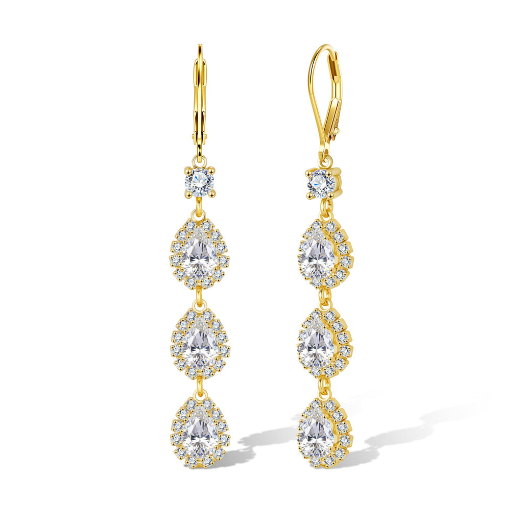 Gold Drop Earring Long Zirconia Teardrop Dangle Leverback Earring for Women