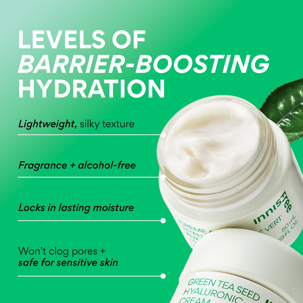innisfree Green Tea Seed Hyaluronic Acid Cream With Barrier Boosting Complex and Ceramide, Korean Hydrating Face Moisturizer and Balancing Cream