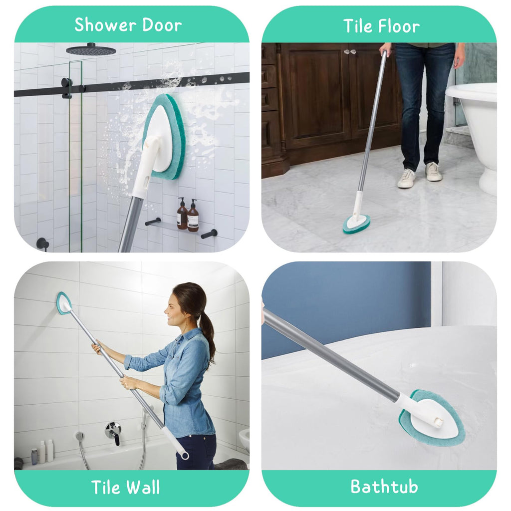 Shower Scrubber with Long Handle, 47'' Bathtub Scrub Brush, Bathroom Tub and Tile Cleaning Tool with 6 Refill Pads