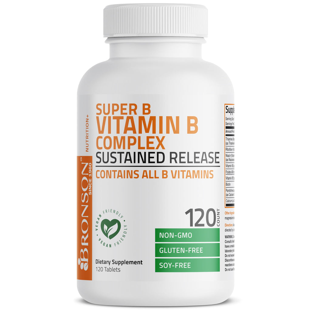 Bronson Super B Vitamin B Complex Sustained Slow Release (Vitamin B1, B2, B3, B6, B9 - Folic Acid, B12) Contains All B Vitamins 120 Tablets
