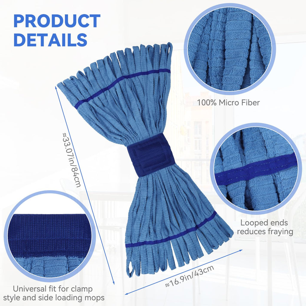 Heavy Duty Commercial Mop Head Replacement Microfiber Tube Mop Heads for Floor Cleaning: 3 Packs Looped End Wet Mop Head Refill for Home Commercial Industrial Use (Blue)