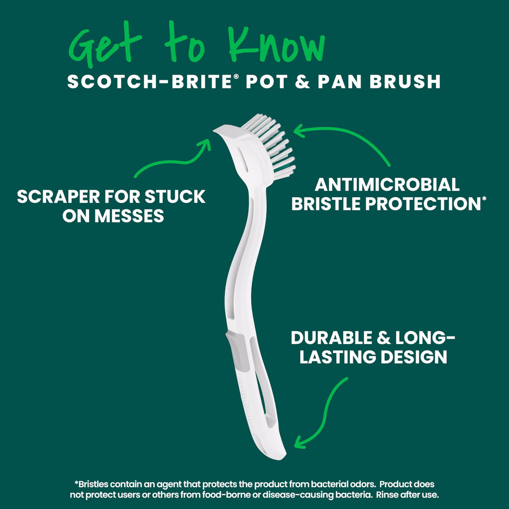 Scotch-Brite Pot + Pan Brush, Durable and Long Lasting Dish Brush with Handle for Scrubbing Stainless Steel, Outdoor Furniture, and Sinks Without Scratching, Antimicrobial, and Rinses Clean