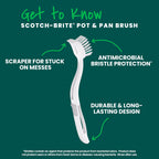 Scotch-Brite Pot + Pan Brush, Durable and Long Lasting Dish Brush with Handle for Scrubbing Stainless Steel, Outdoor Furniture, and Sinks Without Scratching, Antimicrobial, and Rinses Clean