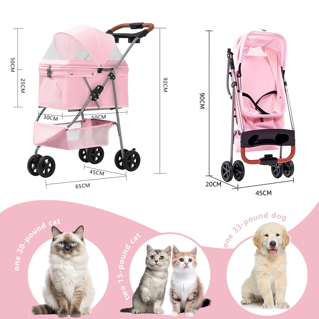 Pet Stroller for Small/Medium Dogs and Cats, Foldable 3 Wheel Jogger with One-Click Fold, Breathable Mesh, Storage Basket, Cup Holder, Weather Cover, (Pink)