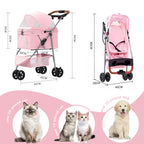 Pet Stroller for Small/Medium Dogs and Cats, Foldable 3 Wheel Jogger with One-Click Fold, Breathable Mesh, Storage Basket, Cup Holder, Weather Cover, (Pink)