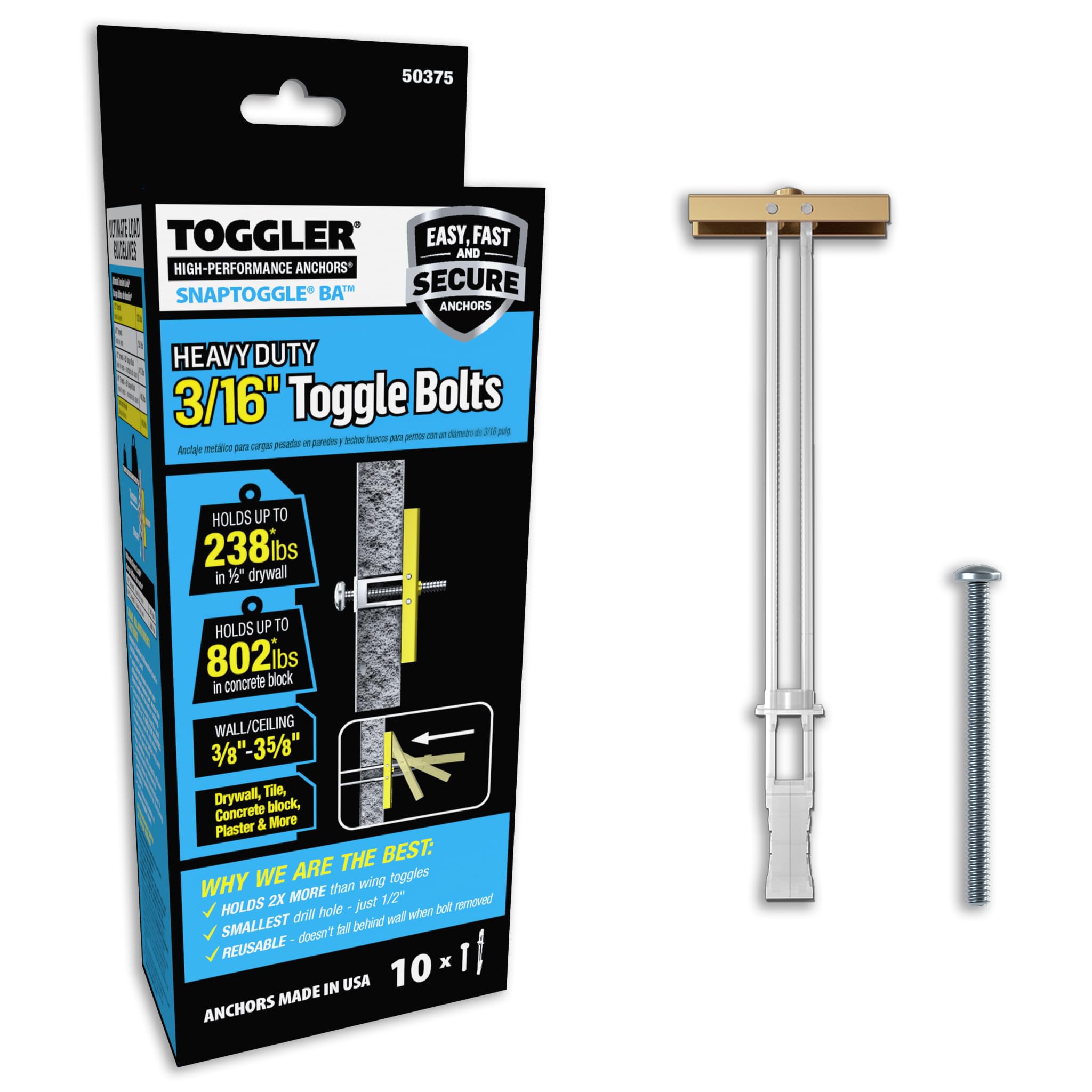 TOGGLER SNAPTOGGLE BA Toggle Anchor with Bolts, 10 Pack