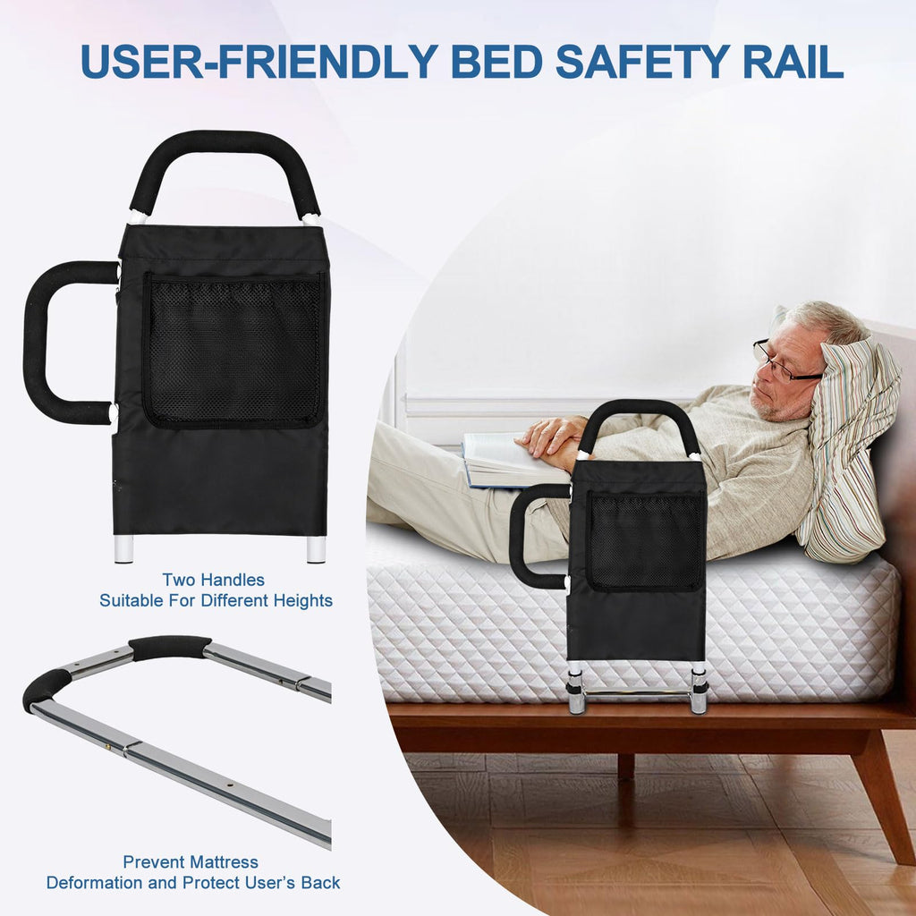 HEPO Bed Rails for Elderly Adults Safety with Storage Pocket, Assist Rail with Dual Grab Bars for Easily Getting in & Out of Bed, Bed Rail Fits King, Queen, Full, Twin Bed