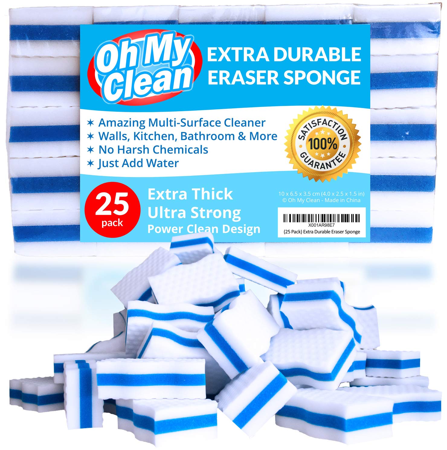 (25 Pack) Extra Durable Eraser Sponge – Extra Thick, Long Lasting Magic Melamine Cleaning Sponges in Bulk – Foam Pads for Walls, Kitchen, Bathroom, Floor & Baseboard Cleaner