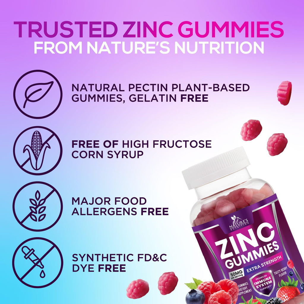 Zinc Gummies 50mg Per Serving - Immune Skin & Bone Support Health Gummy - Premium Antioxidant Chewable, High Absorption Vegan, Best Zinc Supplements Vitamin for Adults, Tasty Berry Flavor, 120 Gummies
