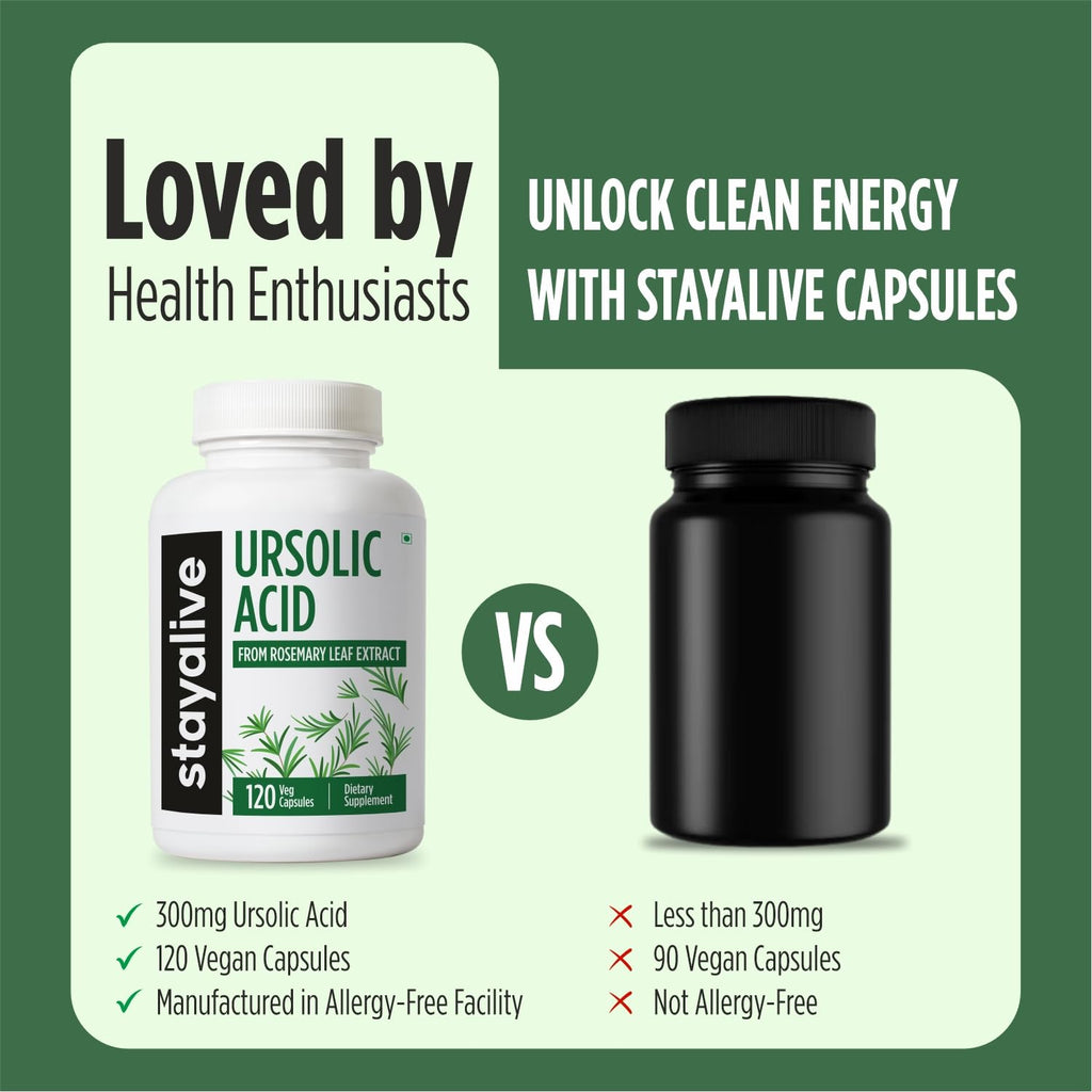 STAY ALIVE Ursolic Acid Supplement for Men & Women 300mg, 120 Pills, Rosemary Leaf Extract Powder, Non-GMO and Gluten-Free Pure Ursolic Acid Capsules