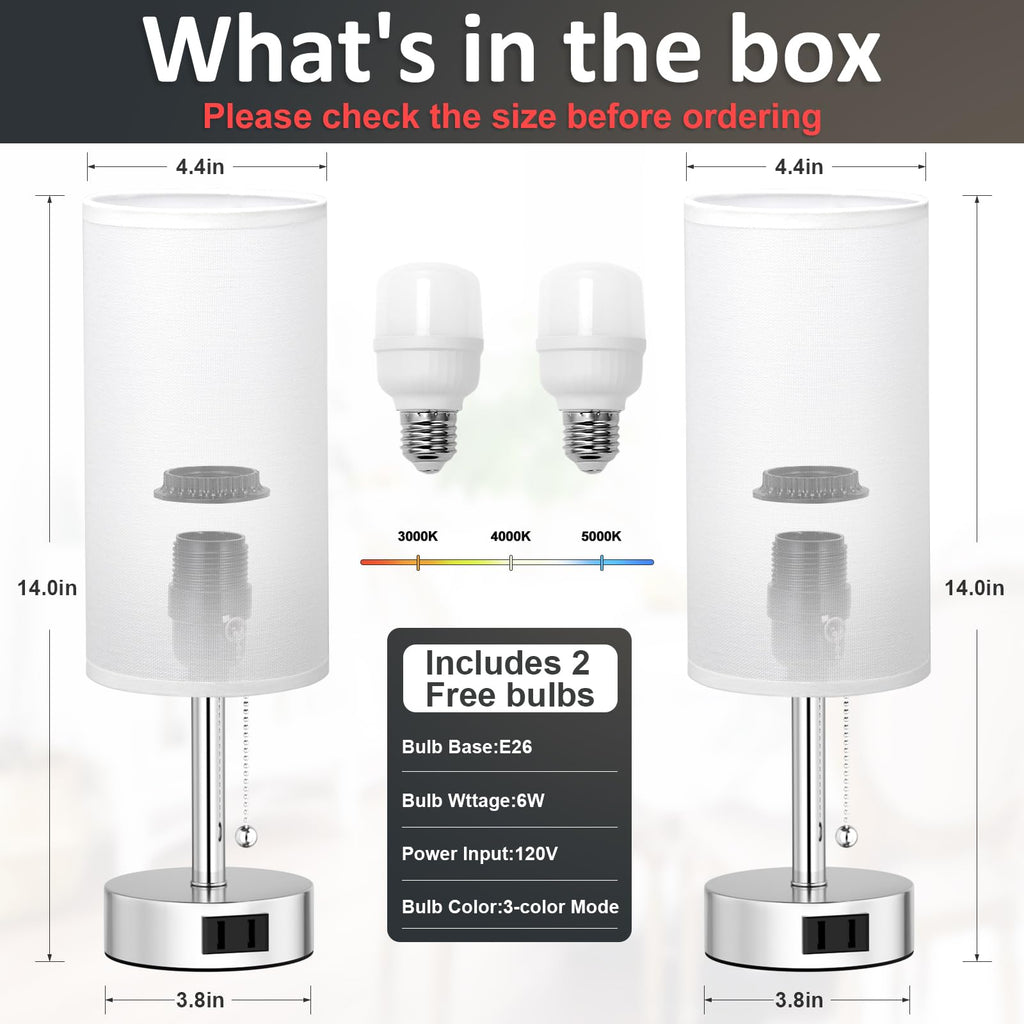Fenmzee White Silver Bedside Table Lamps Set of 2-3 Color Temperatures Pull Chain Lamp with AC Outlet Charging Port, Two Round Night Stand Lamps for Bedroom, Small Bed Side Light with E26 LED Bulbs