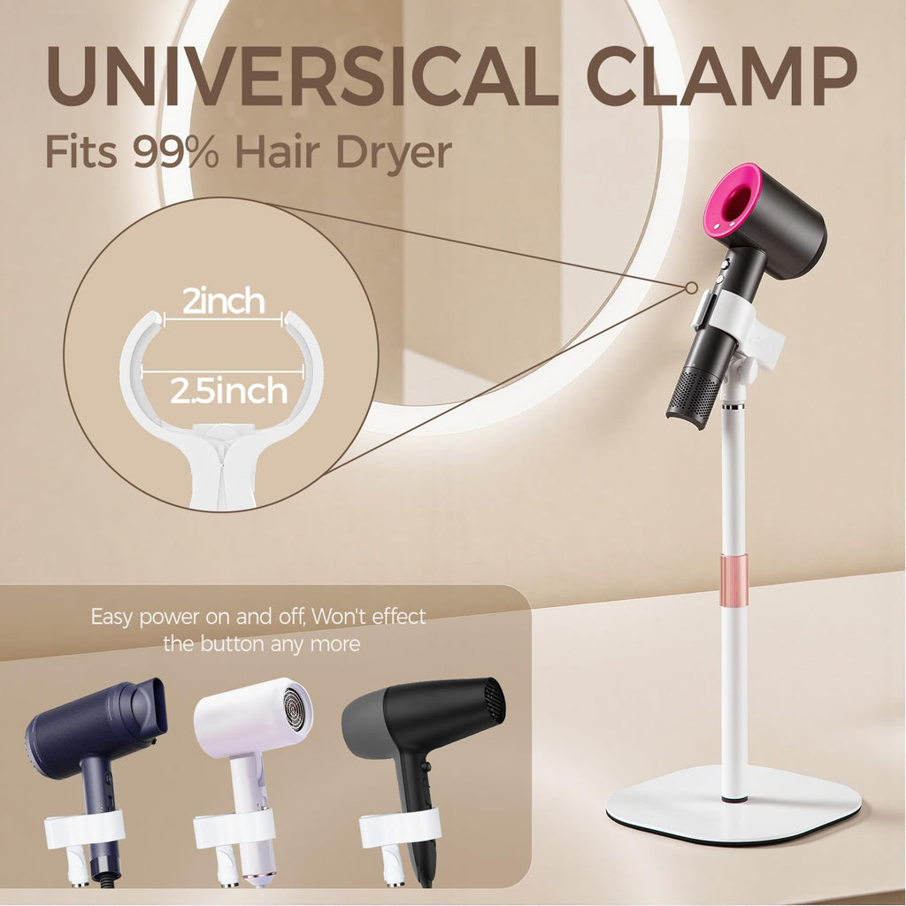 Hands Free Hair Dryer Stand Holder, Countop Blow Dryer Holder with 360 Degree Rotating, Height Adjustable, Universal Grip Works for 99% Blow Dryer (White)