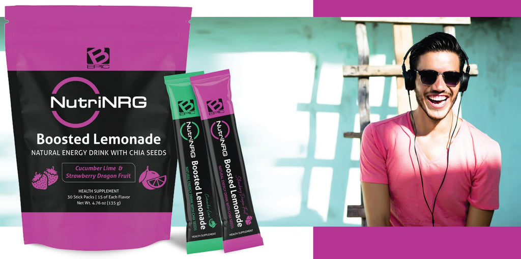 B-Epic NutriNRG Natural Energy Lemonade - Sugar-Free, Low-Calorie Energy Drink Infused with Chia Seeds for Cognitive Performance - Natural Energy Powder in Lemonade Flavor - Includes 30 Powder Sticks