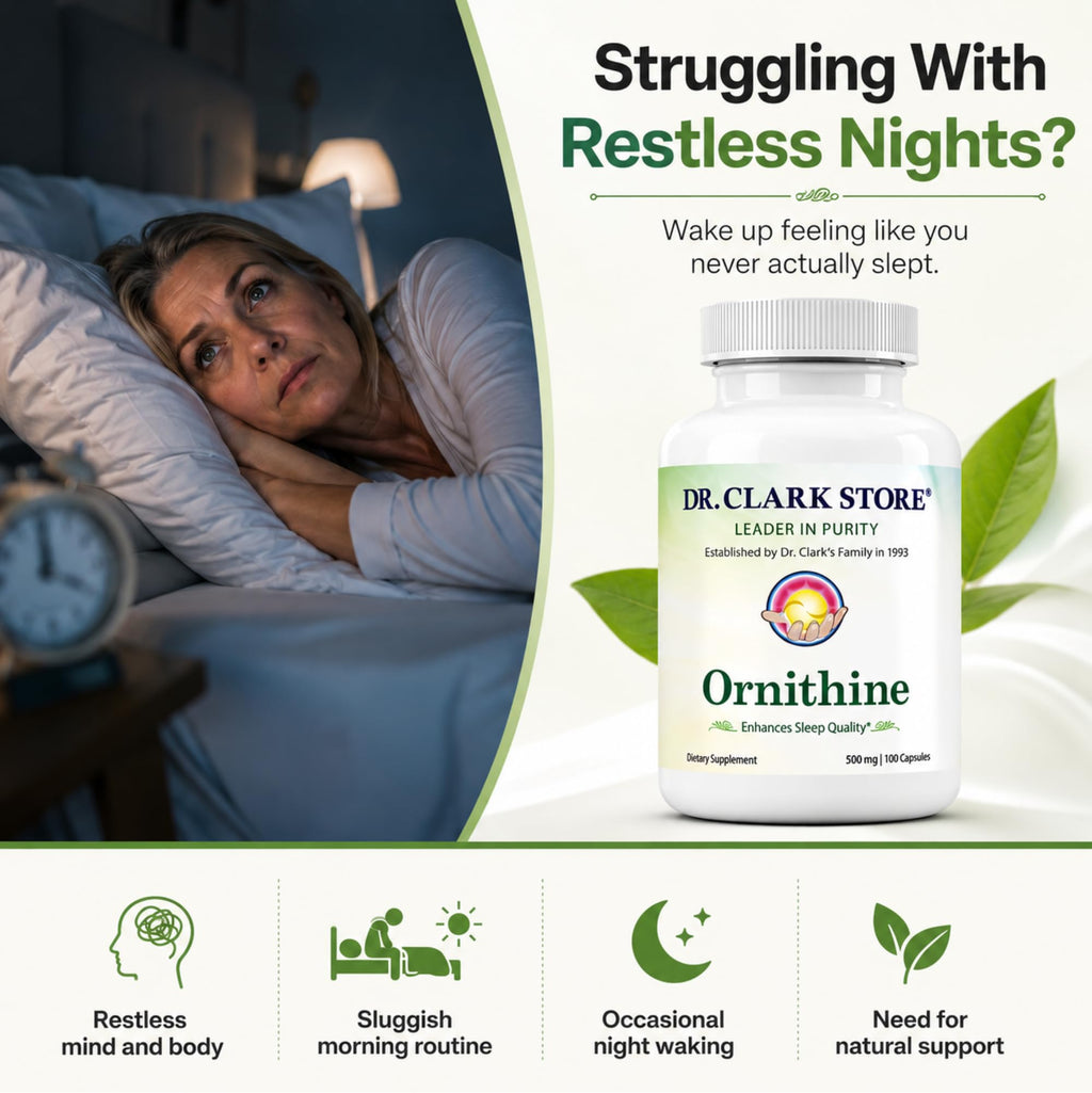 Dr Clark Ornithine Dietary Supplement 500mg, 100 Gelatin Capsules, Pure Amino Acid Support for Natural Sleep Aid, Promotes Protein Metabolism, Cleansing and Detoxification, Non-GMO & Gluten Free