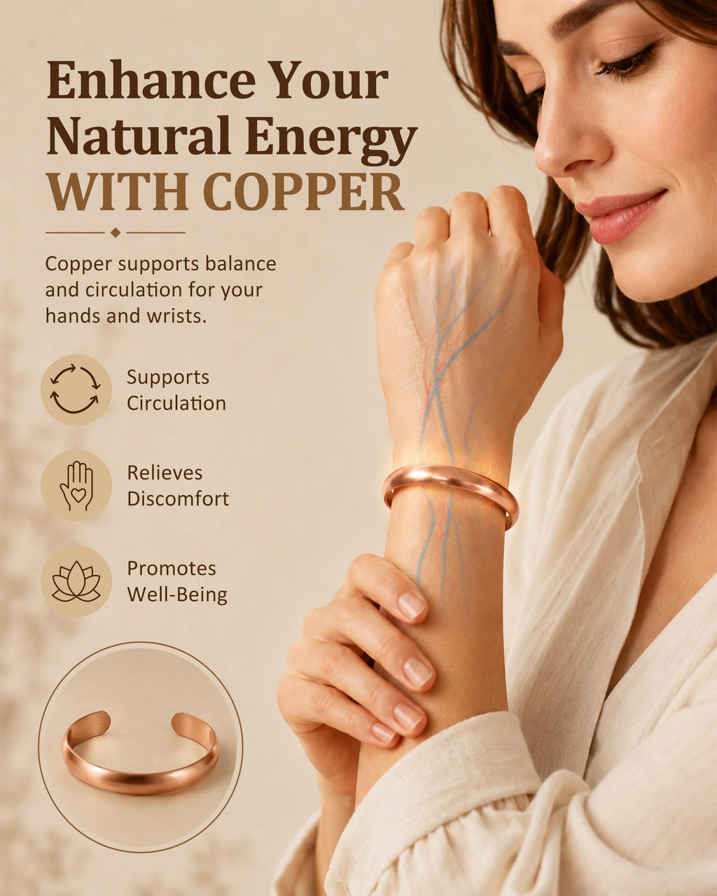 MagEnergy Copper Bracelet for Women Men-Tibetan Handmade-100% Pure Copper