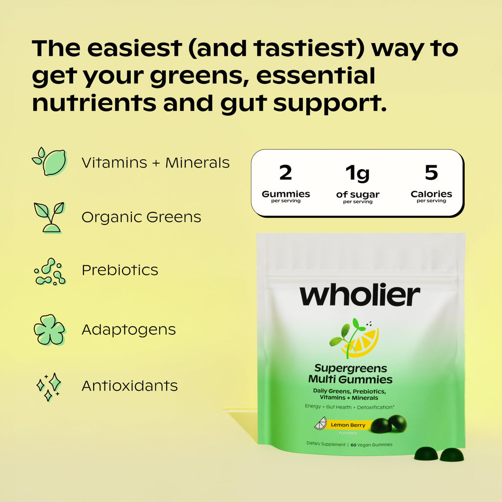 wholier Daily Supergreens Multi Gummies, Organic Greens, Prebiotics, Vitamins & Minerals, Vegan Multivitamin Gummy for Adults, Gut Health, Energy, Immunity Support, Gluten Free, Lemon Berry, 60 Count