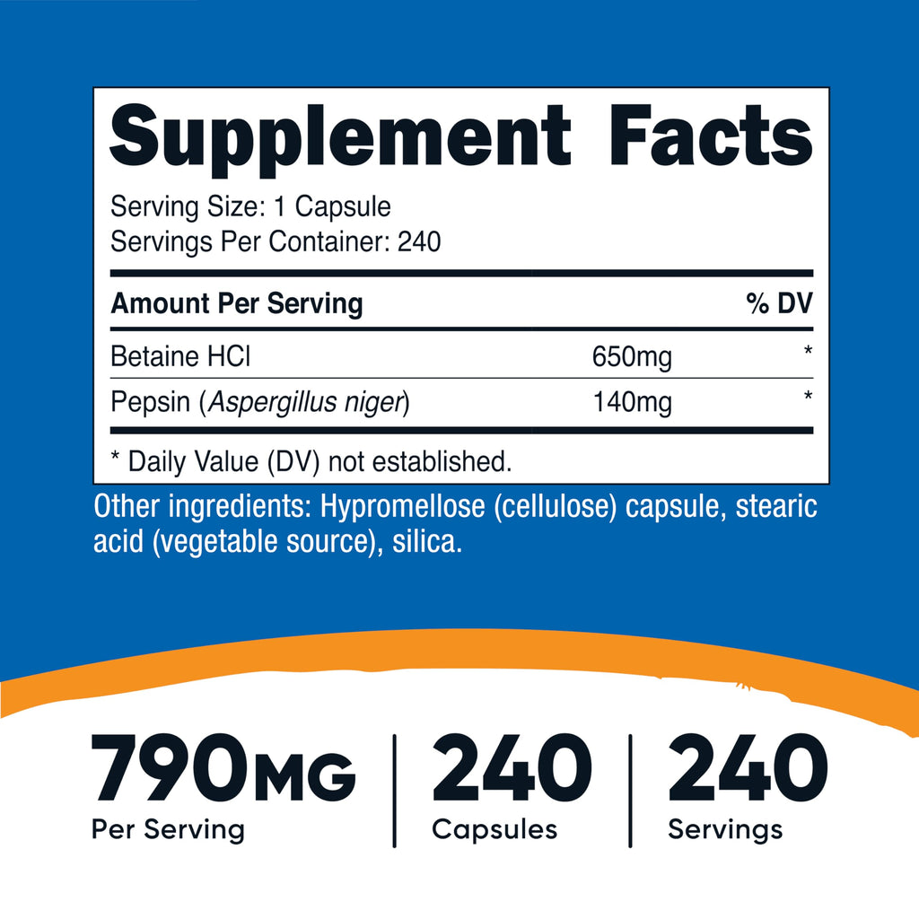Nutricost Betaine HCl + Pepsin 790mg, 240 Capsules, 3 Bottles (720 Capsules)
