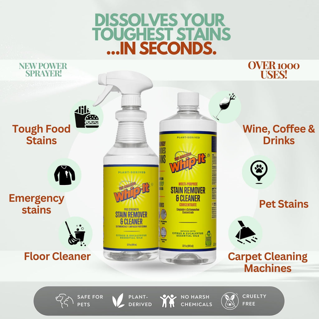 Whip-It All Natural Enzyme Cleaner Stain Fighting Kit - Professional Strength Stain Remover Spray 32oz and Concentrate Multi-Purpose Stain Remover 32oz - Made in the USA