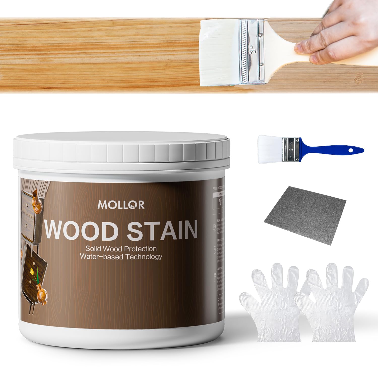 MOLLOR Wood Stain, 16 Oz Water Based Wood Stain and Sealer in One - No Priming, No Top Coat Required, Fast Drying|Low Odor|Non-Toxic, Perfect for Indoor and Outdoor Furniture (Transparent with Tools)
