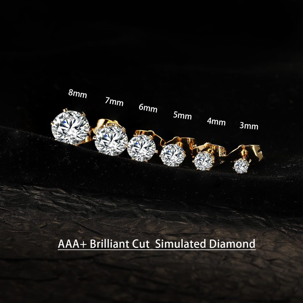 Gemsme 3-8mm Cubic Zirconia Gold Earrings for Women/Men Trendy - Hypoallergenic Stainless Steel With 18K Yellow Gold Plated 6-Sprong-setting Round CZ Stud Earrings Set - 6 Pairs