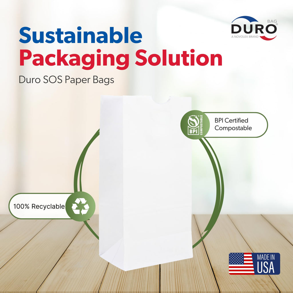 Duro 12# White Paper Lunch Bags 500 Count, Bulk Disposable SOS Paper Bags for Bread, Bagel, Deli & Restaurant Takeout or Delivery - 7.06 x 4.50 x 13.75 Inches