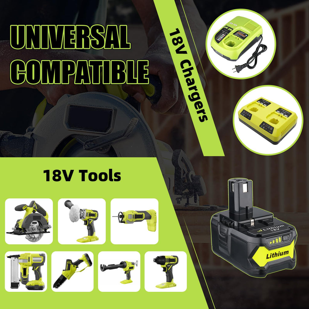 2Pack 6.0Ah Repacement for Ryobi 18V Battery with P117 Charger Compatible with Ryobi Battery 18V P102 P103 P104 P105 P107 P108 P109 Battery & Charger Kit
