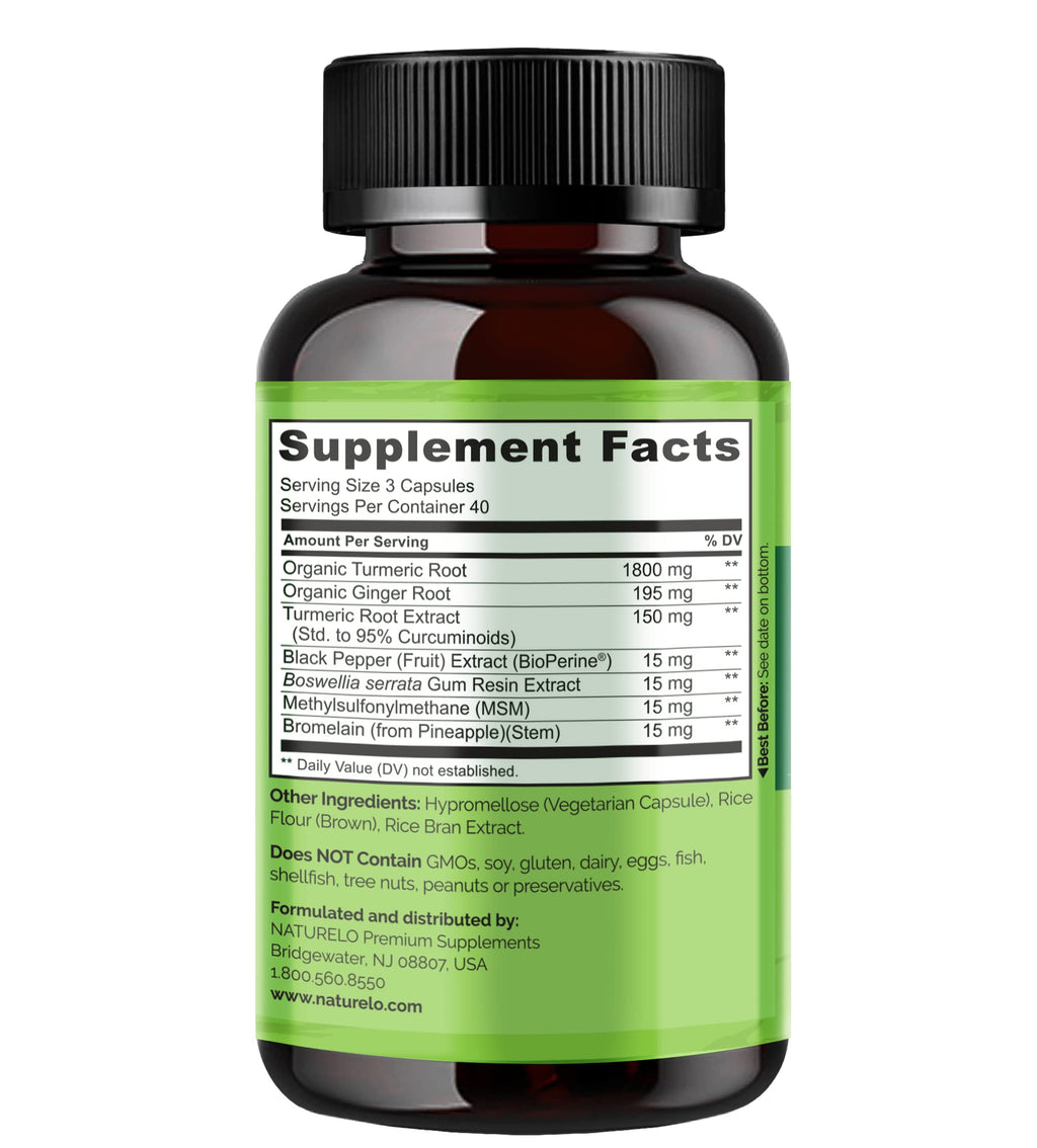 NATURELO Turmeric Curcumin - BioPerine for Better Absorption - Black Pepper, Ginger Root, Curcuminoids - Plant-Based Joint Discomfort Support - 120 Vegan Capsules (Pack of 2)