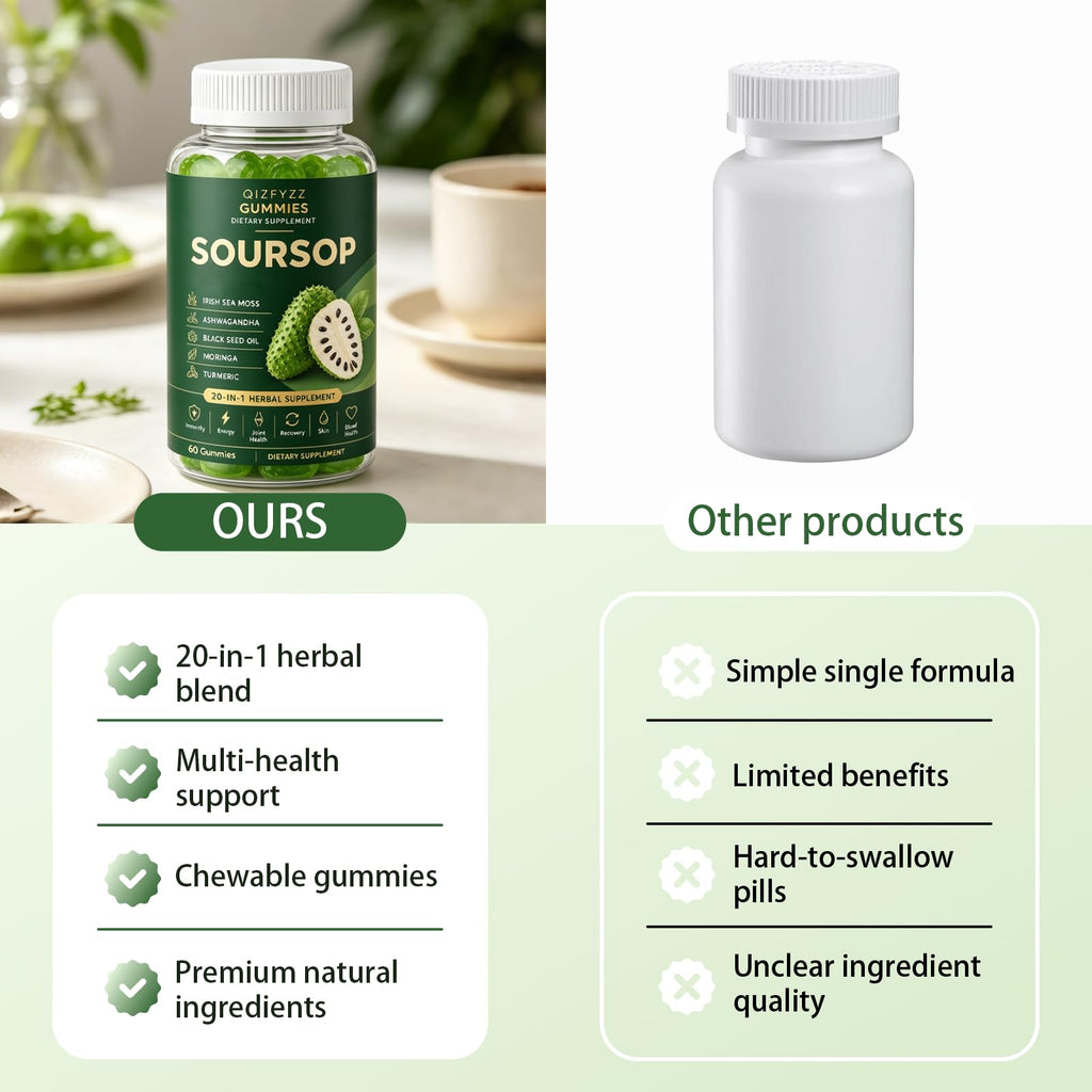 Bexelora Qizfyzz Soursop Gummies – Herbal Daily Supplement with Soursop Leaf, Sea Moss, Ashwagandha, Black Seed, Moringa & Turmeric – Non-GMO, Immune Support & Wellness – 60 Gummies