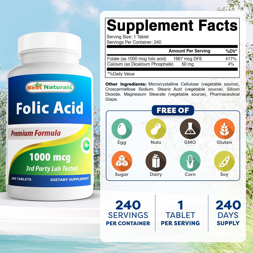 Best Naturals Folic Acid 1000 mcg (Vitamin B9), 240 Tablets (1000 mcg (Pack of 3))